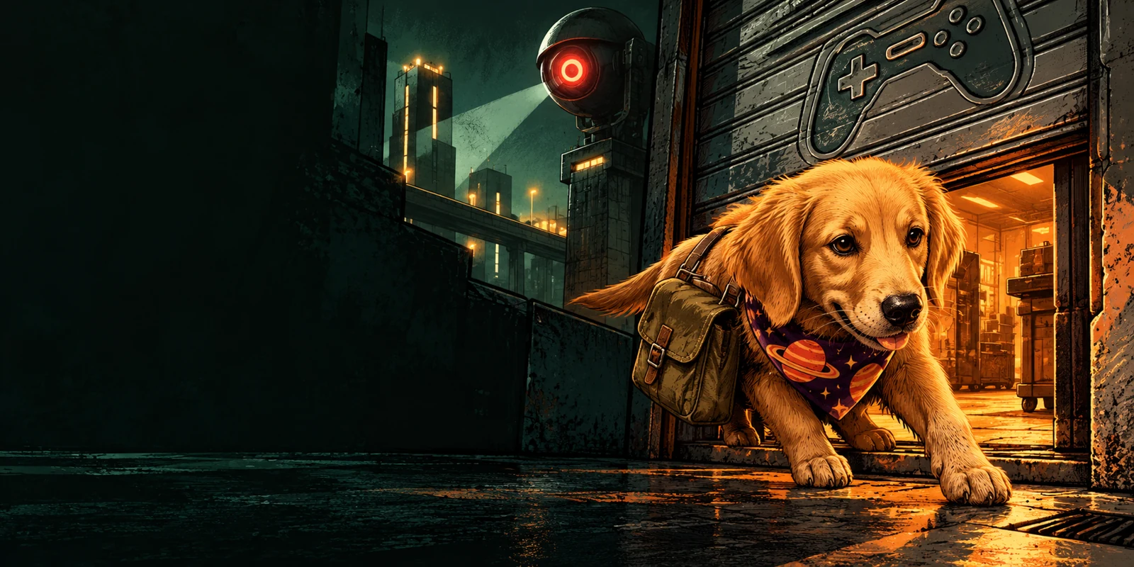 Natural golden Barking Puppy in the dark planet bandana finds a small route through oversized urban security with the pack’s supply satchel